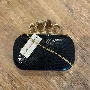 Vintage Brass Knuckle Black Snakeskin Clutch Hard Case With Skulls NWT